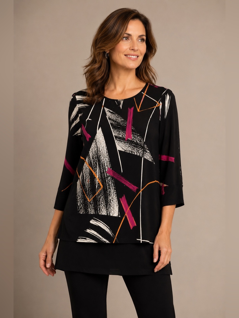 Frank Lyman Abstract Print Layered Tunic Top Black Pink Orange 6 Lagenlook Artsy